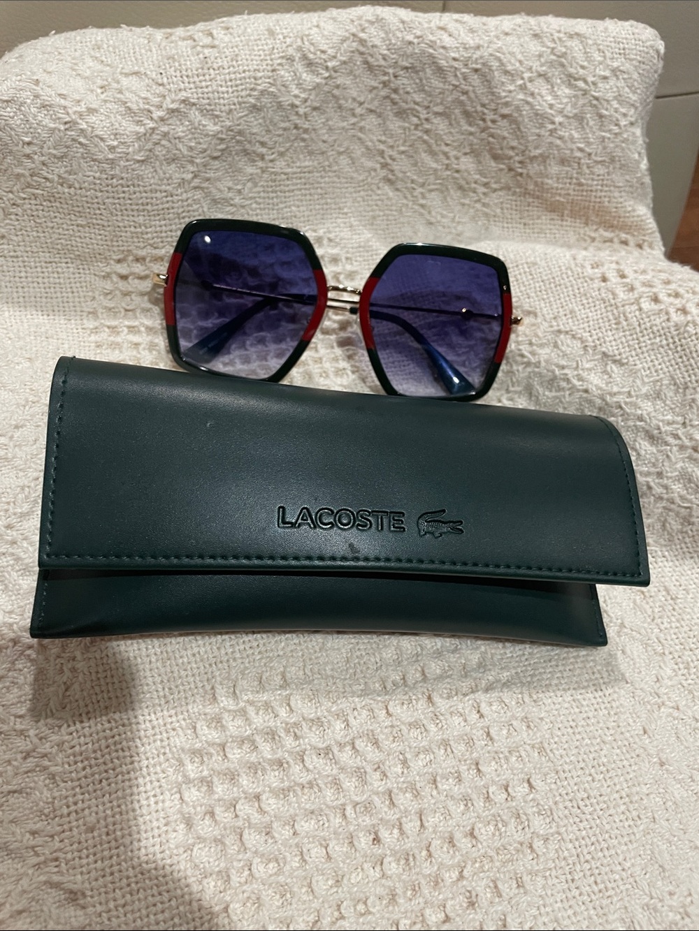 Lacoste Women's Sunglasses with Purple Gradient Lenses and Black/Red Frame